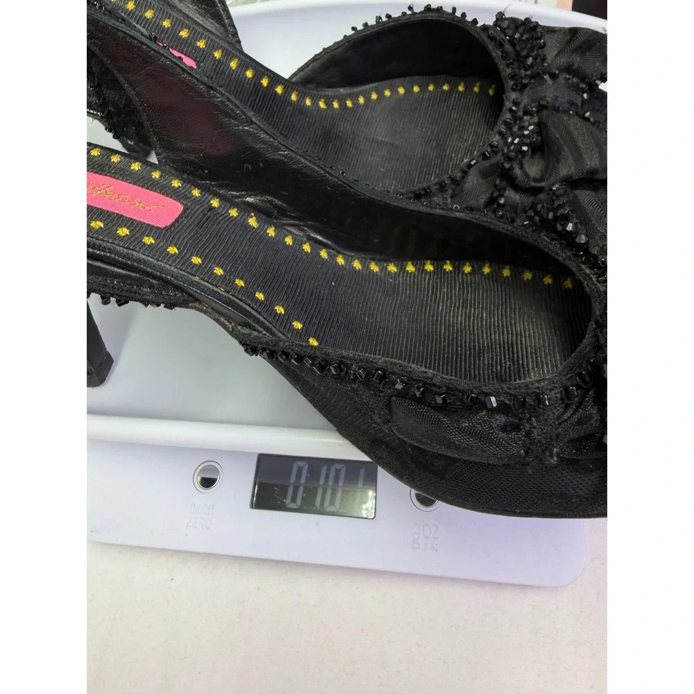 Y2K Betsey Johnson Black Lace Bow Slingback Heels 8.5M Beaded Whimsigoth Rare
